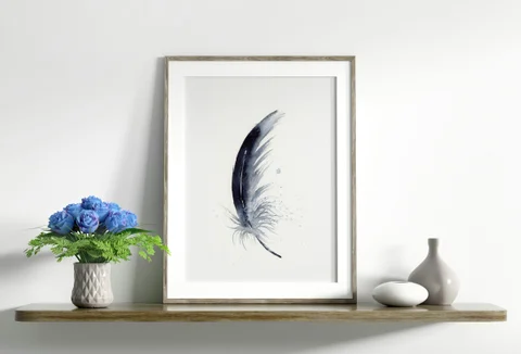 Image of a feather watercolor painting by Shayna Larsen, originals & prints available