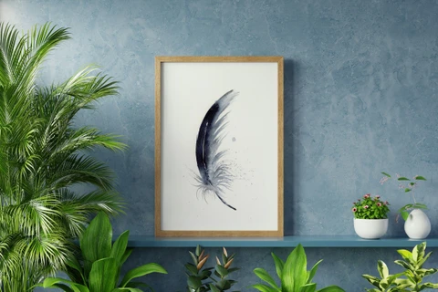 Image of a feather watercolor painting by Shayna Larsen, originals & prints available