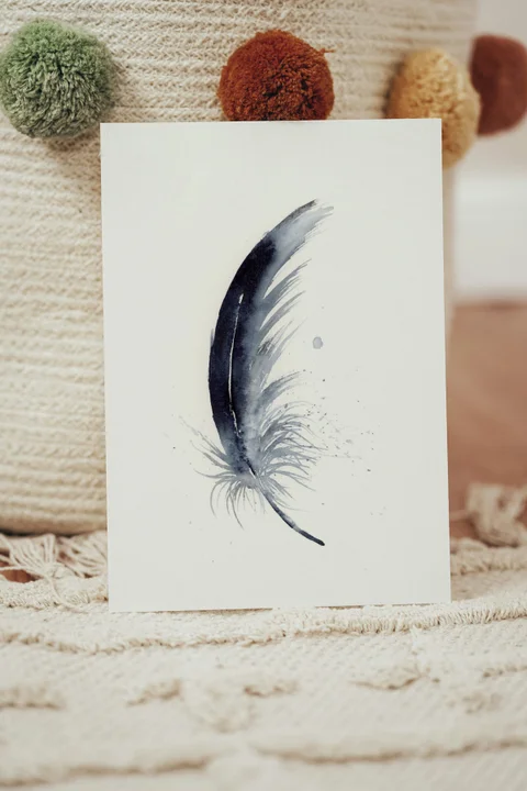 Image of a feather watercolor painting by Shayna Larsen, originals & prints available