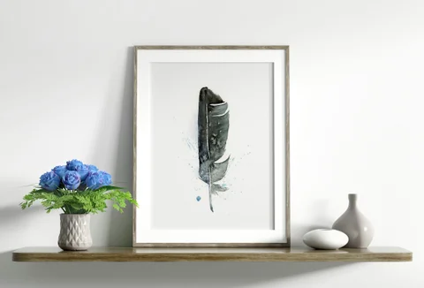 Image of a feather watercolor painting by Shayna Larsen, originals & prints available