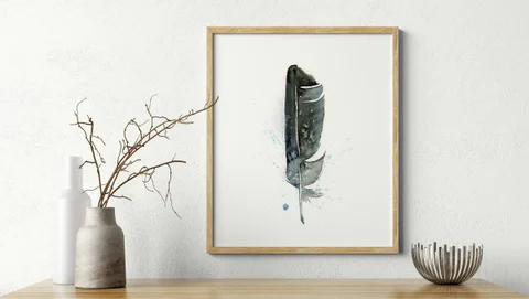 Image of a feather watercolor painting by Shayna Larsen, originals & prints available