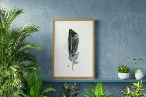 Image of a feather watercolor painting by Shayna Larsen, originals & prints available