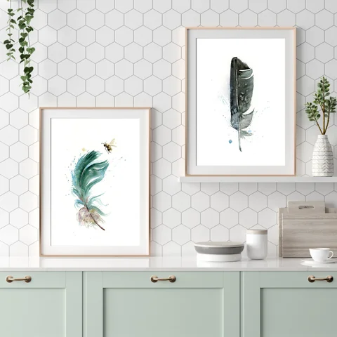 Image of a feather watercolor painting by Shayna Larsen, originals & prints available