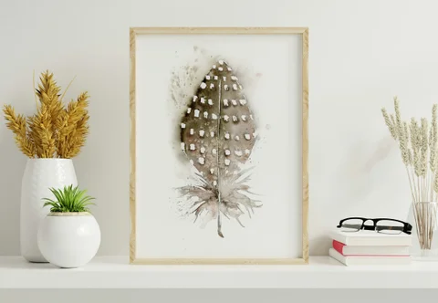 Image of a feather watercolor painting by Shayna Larsen, originals & prints available