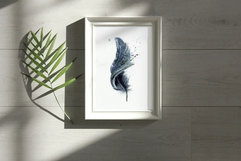 Image of a feather watercolor painting by Shayna Larsen, originals & prints available