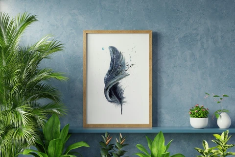 Image of a feather watercolor painting by Shayna Larsen, originals & prints available