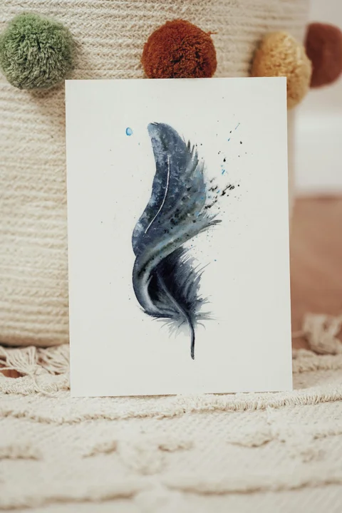 Image of a feather watercolor painting by Shayna Larsen, originals & prints available