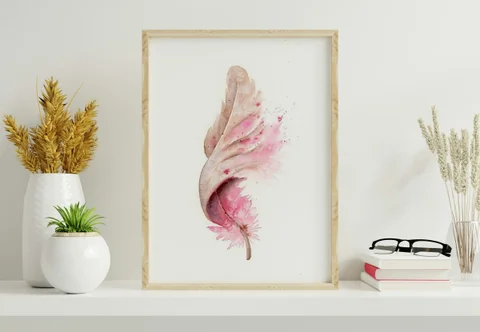 Image of a feather watercolor painting by Shayna Larsen, originals & prints available