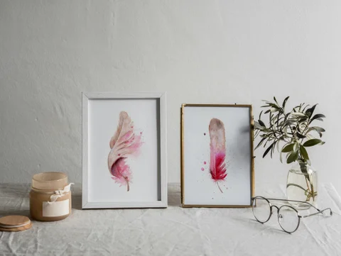 Image of a feather watercolor painting by Shayna Larsen, originals & prints available