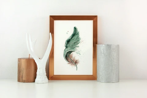 Image of a feather watercolor painting by Shayna Larsen, originals & prints available