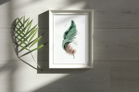Image of a feather watercolor painting by Shayna Larsen, originals & prints available