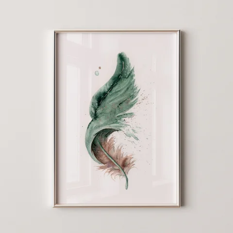 Image of a feather watercolor painting by Shayna Larsen, originals & prints available