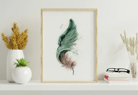 Image of a feather watercolor painting by Shayna Larsen, originals & prints available