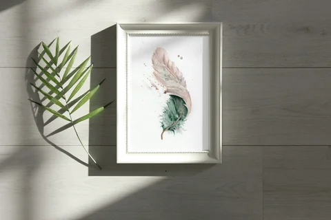 Image of a feather watercolor painting by Shayna Larsen, originals & prints available