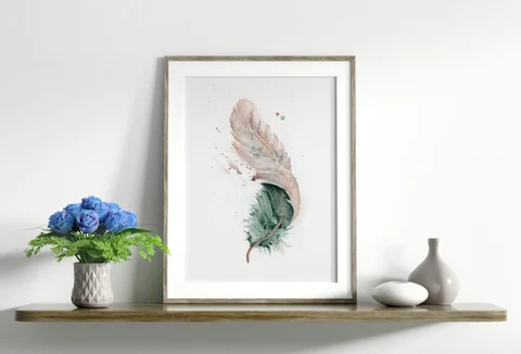 Image of a feather watercolor painting by Shayna Larsen, originals & prints available
