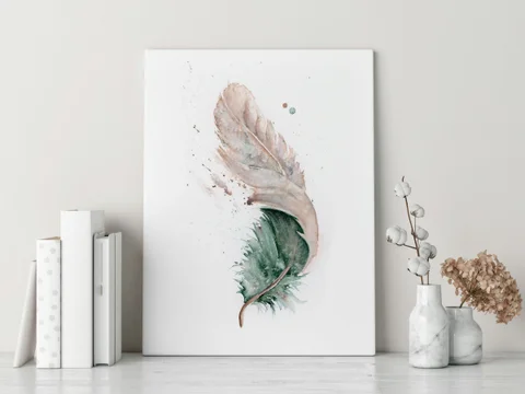 Image of a feather watercolor painting by Shayna Larsen, originals & prints available