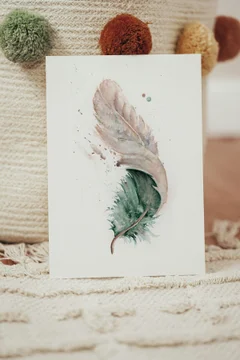 Image of a feather watercolor painting by Shayna Larsen, originals & prints available