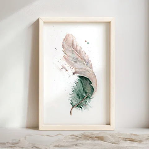 Image of a feather watercolor painting by Shayna Larsen, originals & prints available