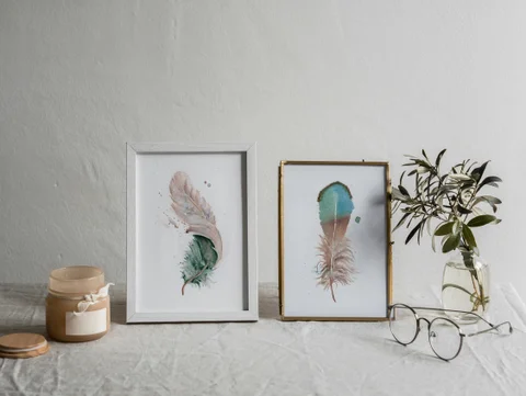 Image of a feather watercolor painting by Shayna Larsen, originals & prints available