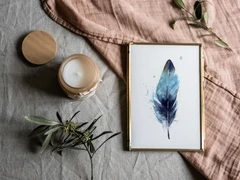 Image of a feather watercolor painting by Shayna Larsen, originals & prints available