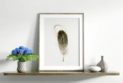 Image of a feather watercolor painting by Shayna Larsen, originals & prints available