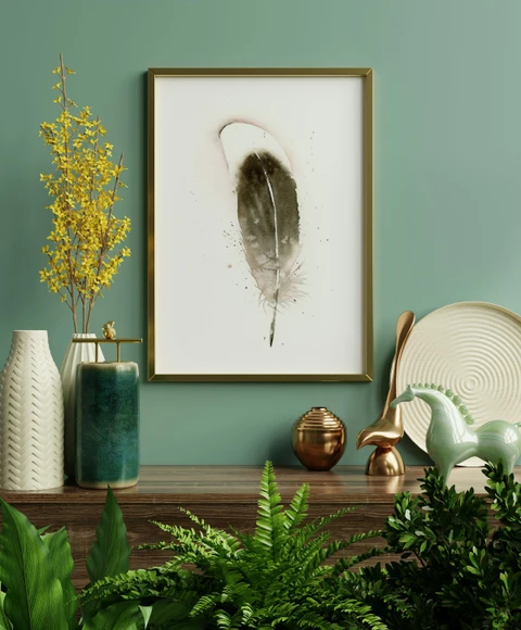 Image of a feather watercolor painting by Shayna Larsen, originals & prints available