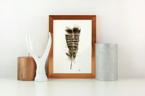 Image of a feather watercolor painting by Shayna Larsen, originals & prints available