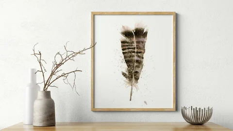 Image of a feather watercolor painting by Shayna Larsen, originals & prints available