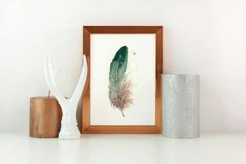Image of a feather watercolor painting by Shayna Larsen, originals & prints available