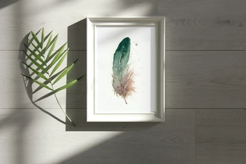 Image of a feather watercolor painting by Shayna Larsen, originals & prints available