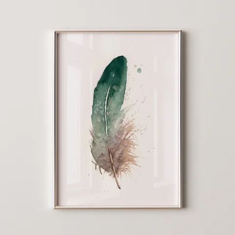 Image of a feather watercolor painting by Shayna Larsen, originals & prints available