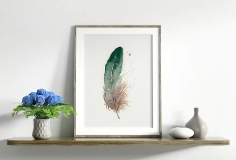 Image of a feather watercolor painting by Shayna Larsen, originals & prints available