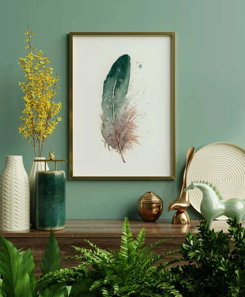 Image of a feather watercolor painting by Shayna Larsen, originals & prints available