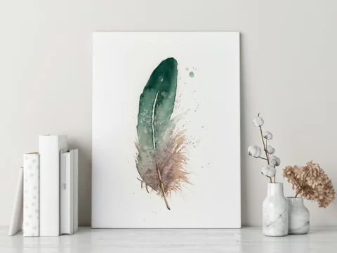 Image of a feather watercolor painting by Shayna Larsen, originals & prints available