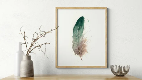 Image of a feather watercolor painting by Shayna Larsen, originals & prints available