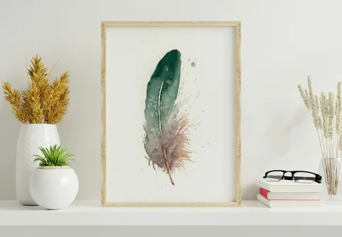 Image of a feather watercolor painting by Shayna Larsen, originals & prints available