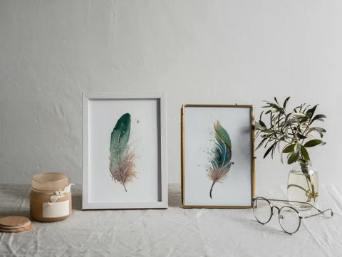 Image of a feather watercolor painting by Shayna Larsen, originals & prints available