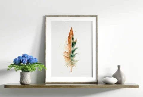 Image of a feather watercolor painting by Shayna Larsen, originals & prints available