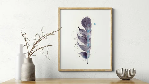 Image of a feather watercolor painting by Shayna Larsen, originals & prints available