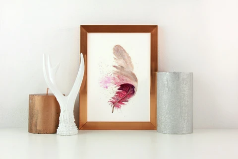 Image of a feather watercolor painting by Shayna Larsen, originals & prints available