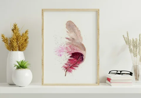 Image of a feather watercolor painting by Shayna Larsen, originals & prints available