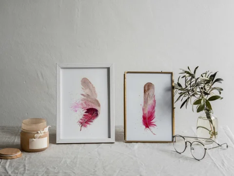 Image of a feather watercolor painting by Shayna Larsen, originals & prints available