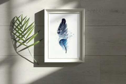 Image of a feather watercolor painting by Shayna Larsen, originals & prints available
