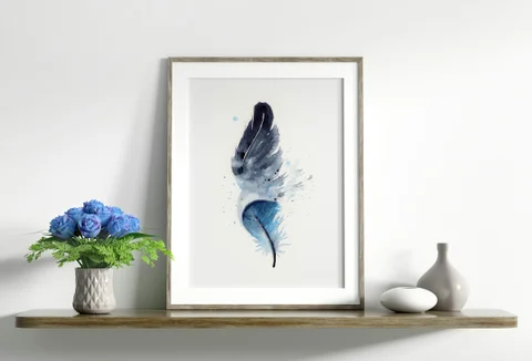 Image of a feather watercolor painting by Shayna Larsen, originals & prints available