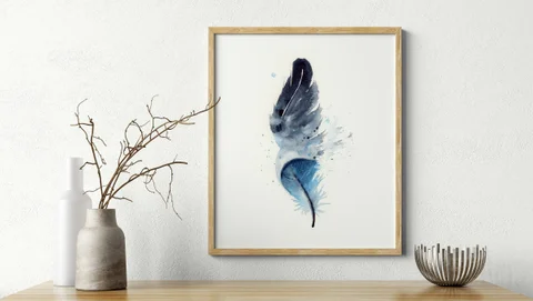 Image of a feather watercolor painting by Shayna Larsen, originals & prints available