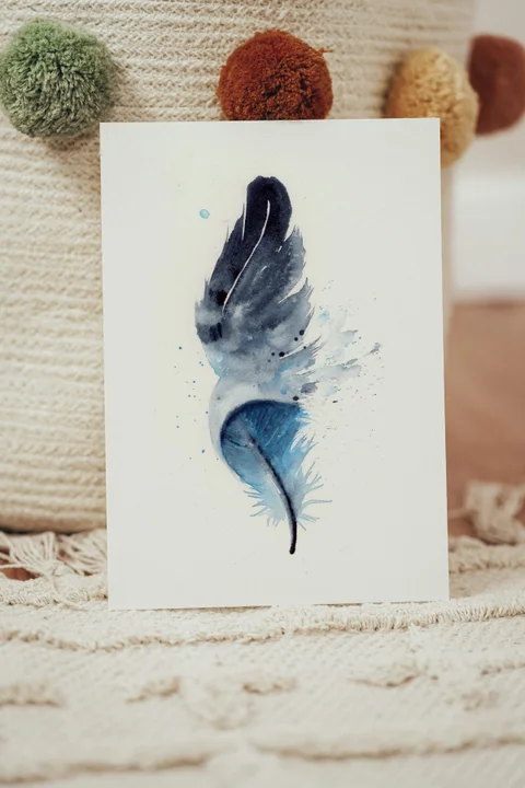 Image of a feather watercolor painting by Shayna Larsen, originals & prints available