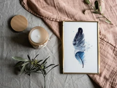 Image of a feather watercolor painting by Shayna Larsen, originals & prints available