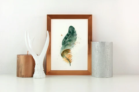 Image of a feather watercolor painting by Shayna Larsen, originals & prints available