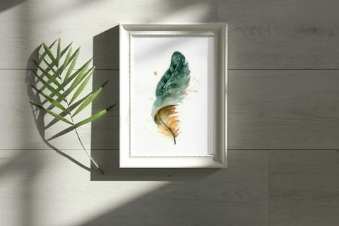 Image of a feather watercolor painting by Shayna Larsen, originals & prints available