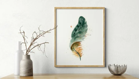 Image of a feather watercolor painting by Shayna Larsen, originals & prints available